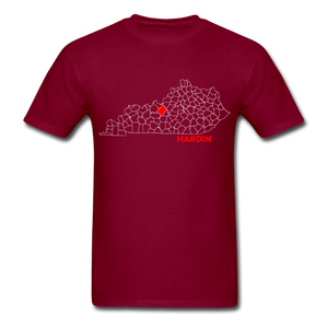 Hardin County Map T-Shirt - burgundy